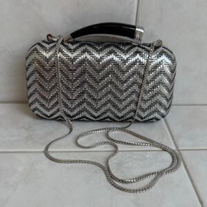 Vince Camuto Vintage Silver and Black Natural Raffia Clutch Shoulder Bag. EUC
